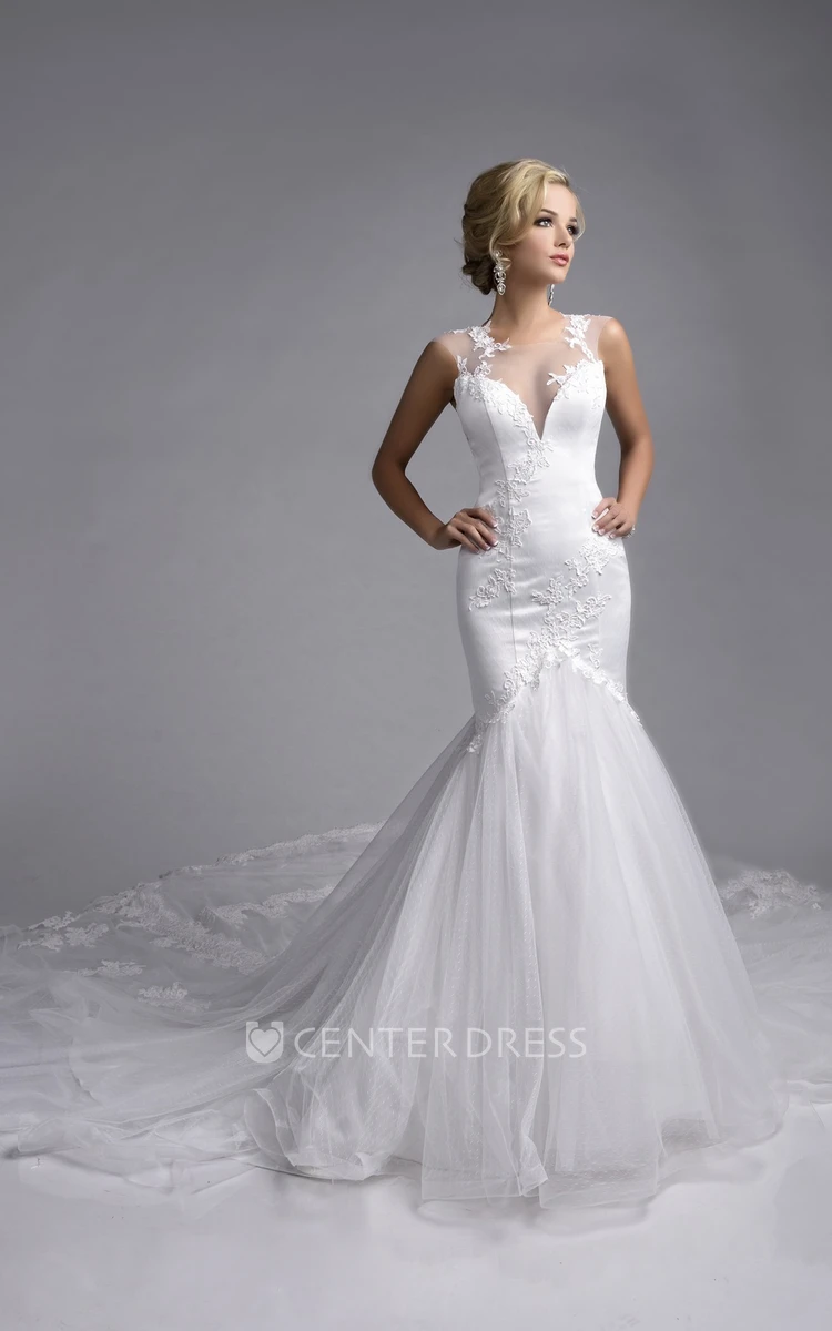 Sleeveless Lace-Appliqued Tulle Mermaid Wedding Dress With Illusion Top