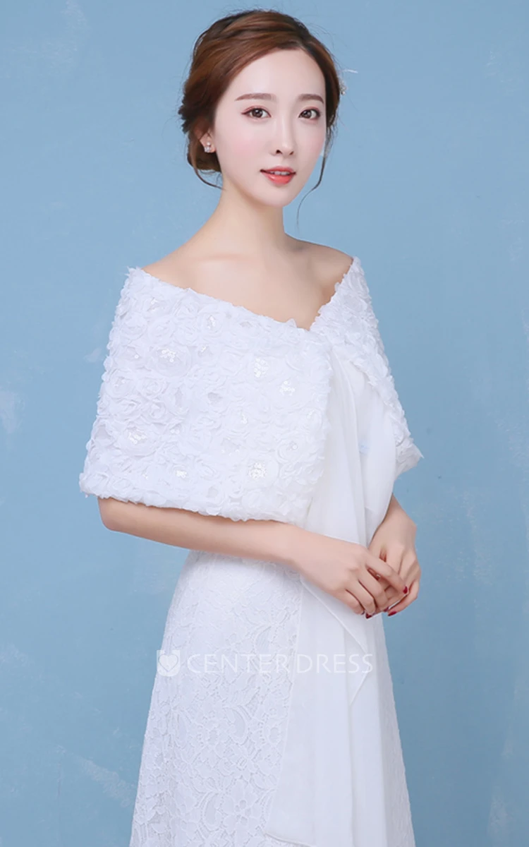 New Three-dimensional Rose Sequins Shoulder Chiffon With White Shawl