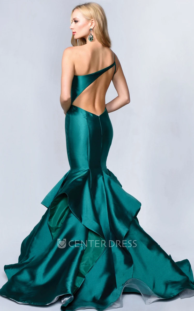 Trumpet One-Shoulder Sleeveless Satin Dress With Draping And Waist Jewellery