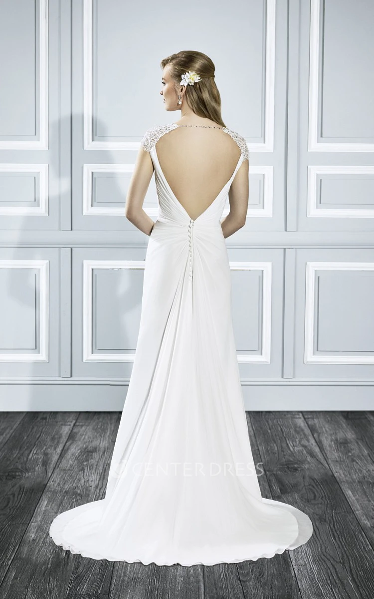 V-Neck Maxi Ruched Cap-Sleeve Chiffon Wedding Dress With Sweep Train And Keyhole