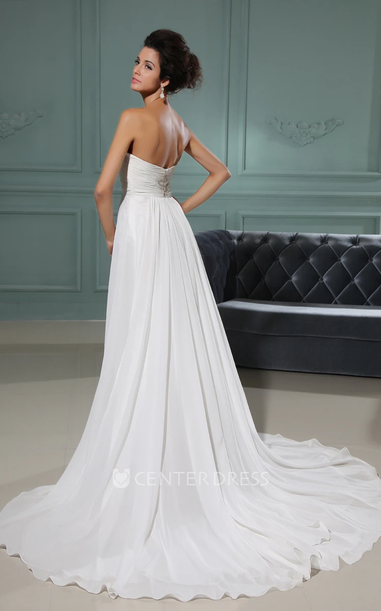 A-Line Strapless Gown With Lace And Ruching Bodice