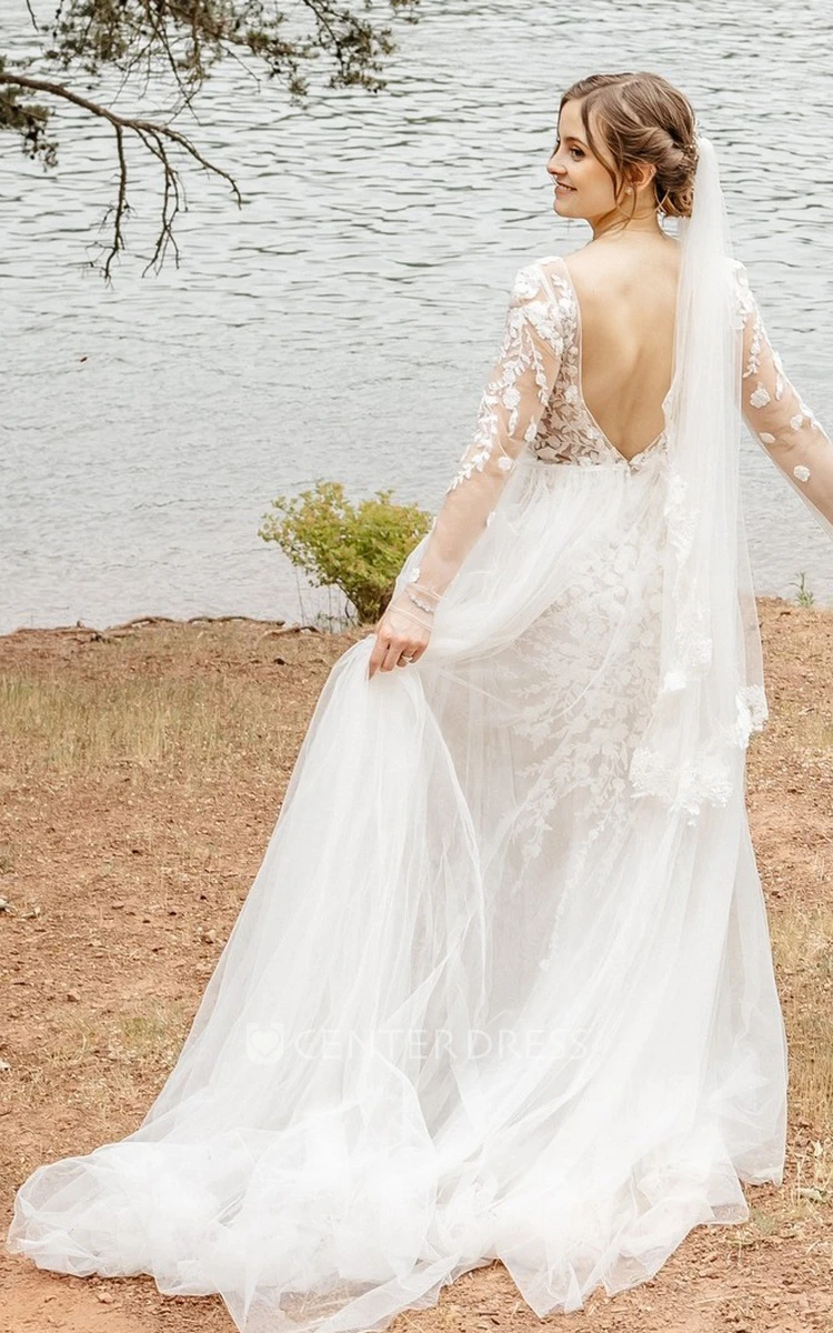Bohemian Appliques Long Sleeve Wedding Dress Tulle Court Train Illusion Bridal Gowns