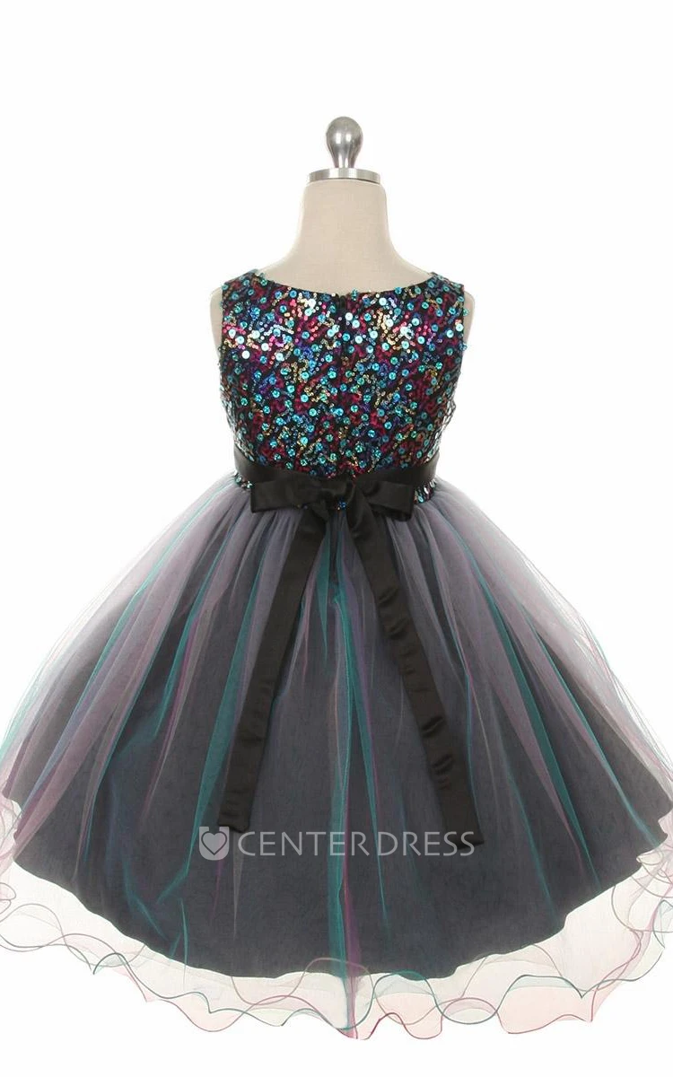 Tea-Length Pleated Tiered Sequins&Satin Flower Girl Dress