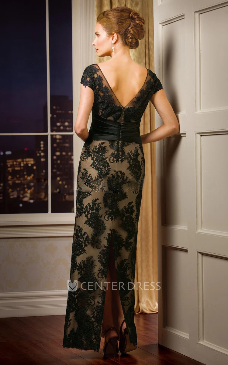 Cap-Sleeved Long Mother Of The Bride Dress With Appliques And V-Back