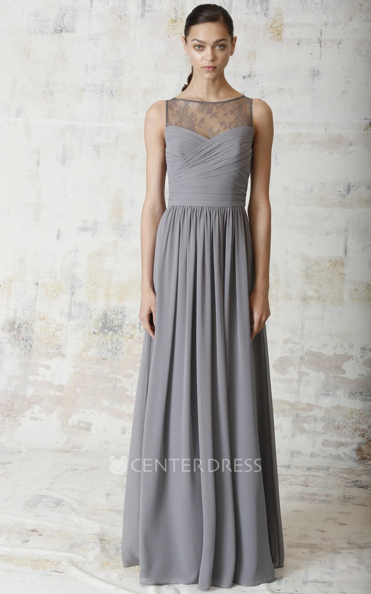 Floor-Length Criss-Cross Sleeveless Bateau Neck Chiffon Bridesmaid Dress