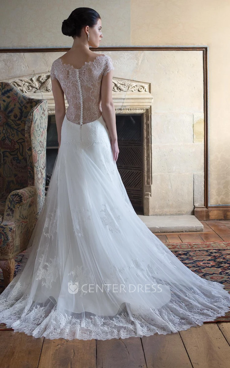 A-Line V-Neck Long Appliqued Sleeveless Lace Wedding Dress