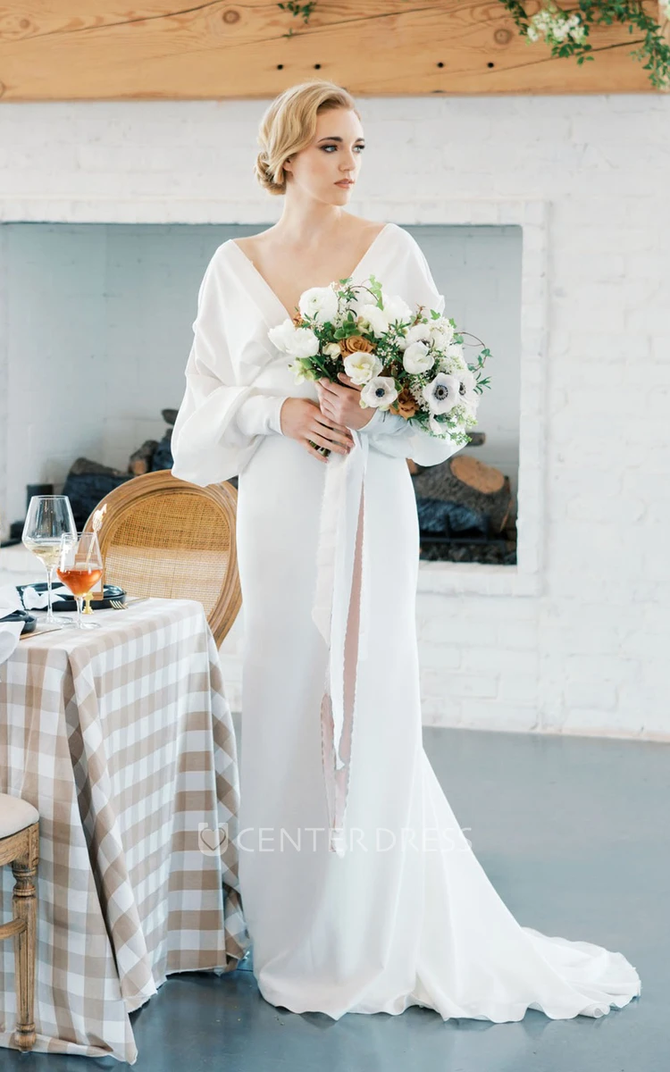 Sheath V-neck Satin Simple Wedding Dress With Court Train And Poet Sleeve