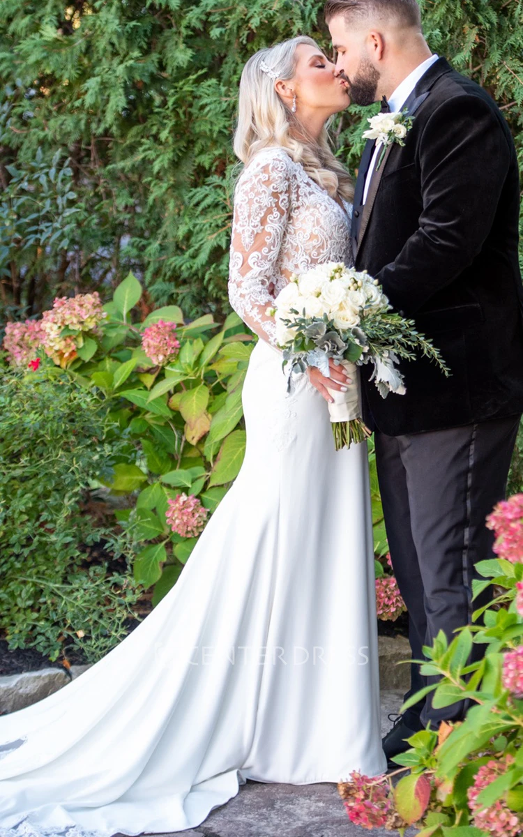 Casual Boho Delicate Lace Illusion Long Sleeve V-Neck Satin Elegant Country Wedding Dress