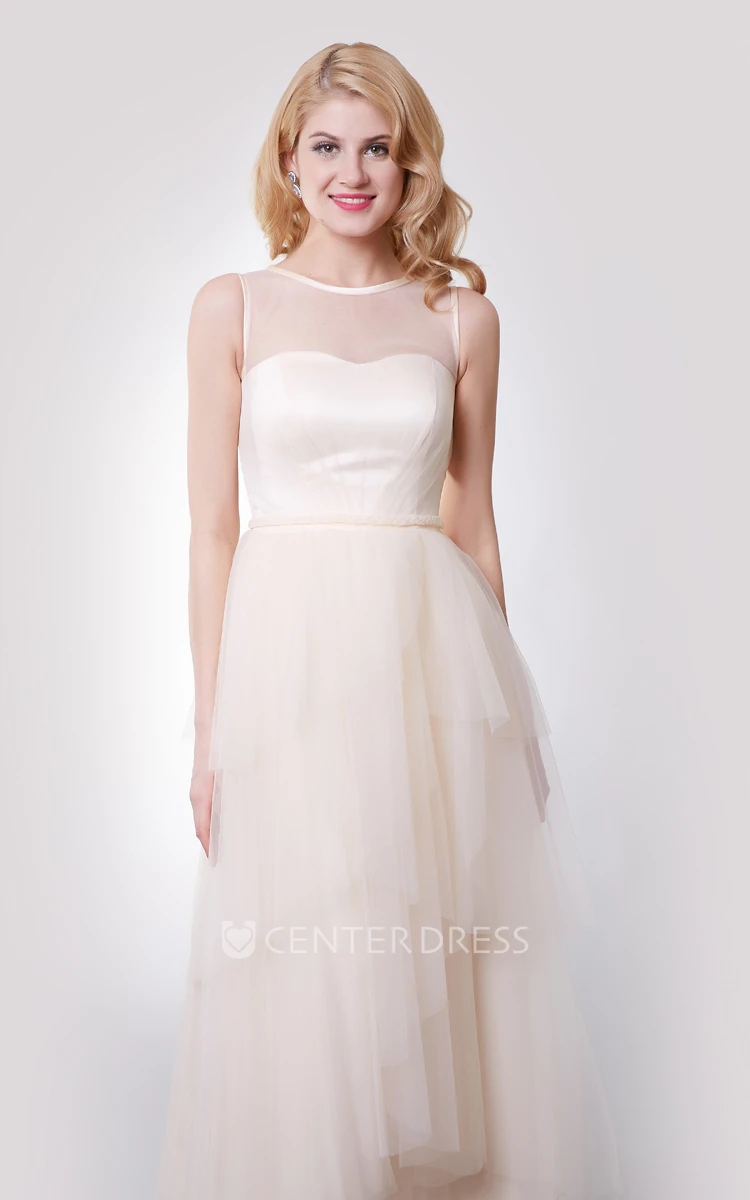 A-Line Floor Length Sleeveless Dress With Layered Skirt and Illusion Top