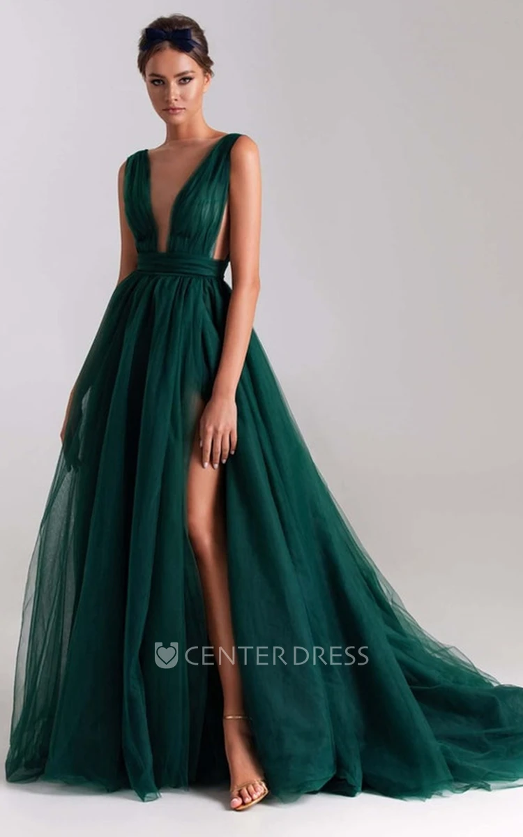 Casual A Line Tulle Sleeveless Evening Dress with Split Front