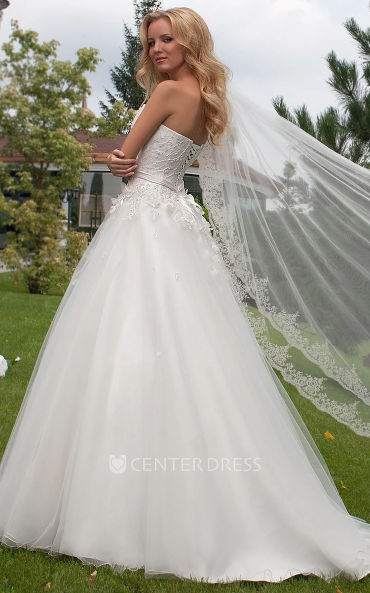 A-Line Sleeveless Sweetheart Floral Tulle Wedding Dress