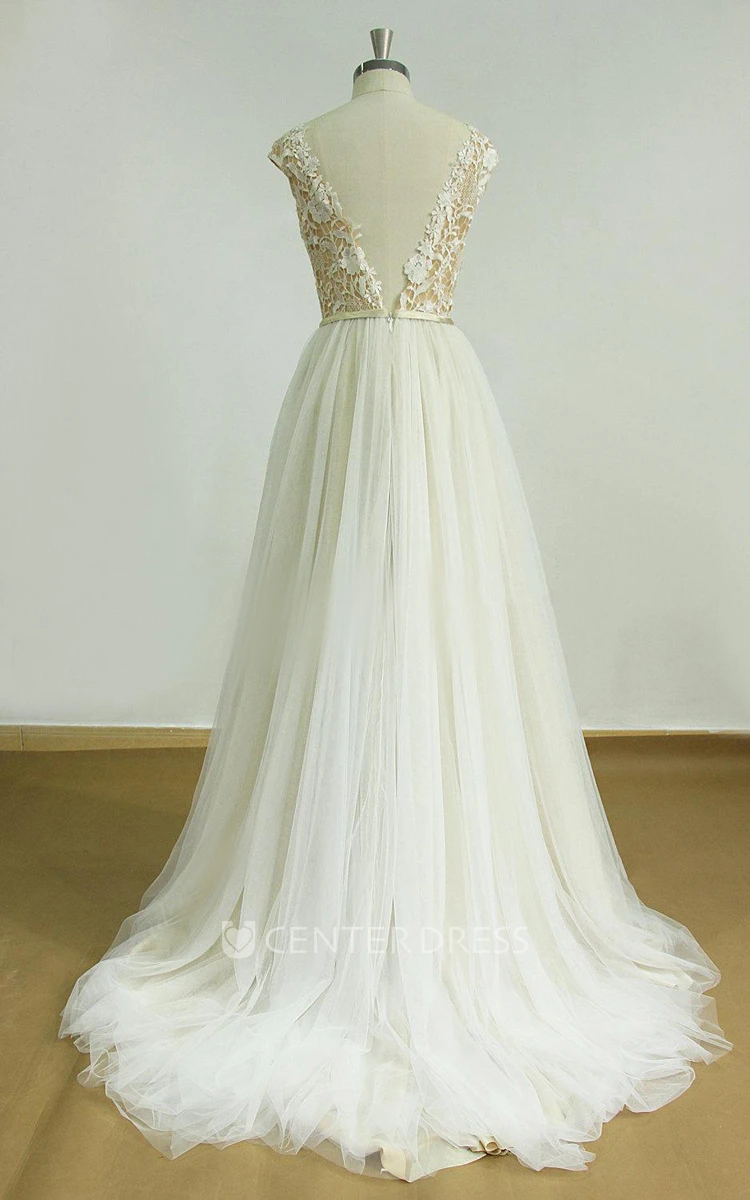 Deep V Cut Open Back Tulle Lace Wedding With Champagne Tulle Dress