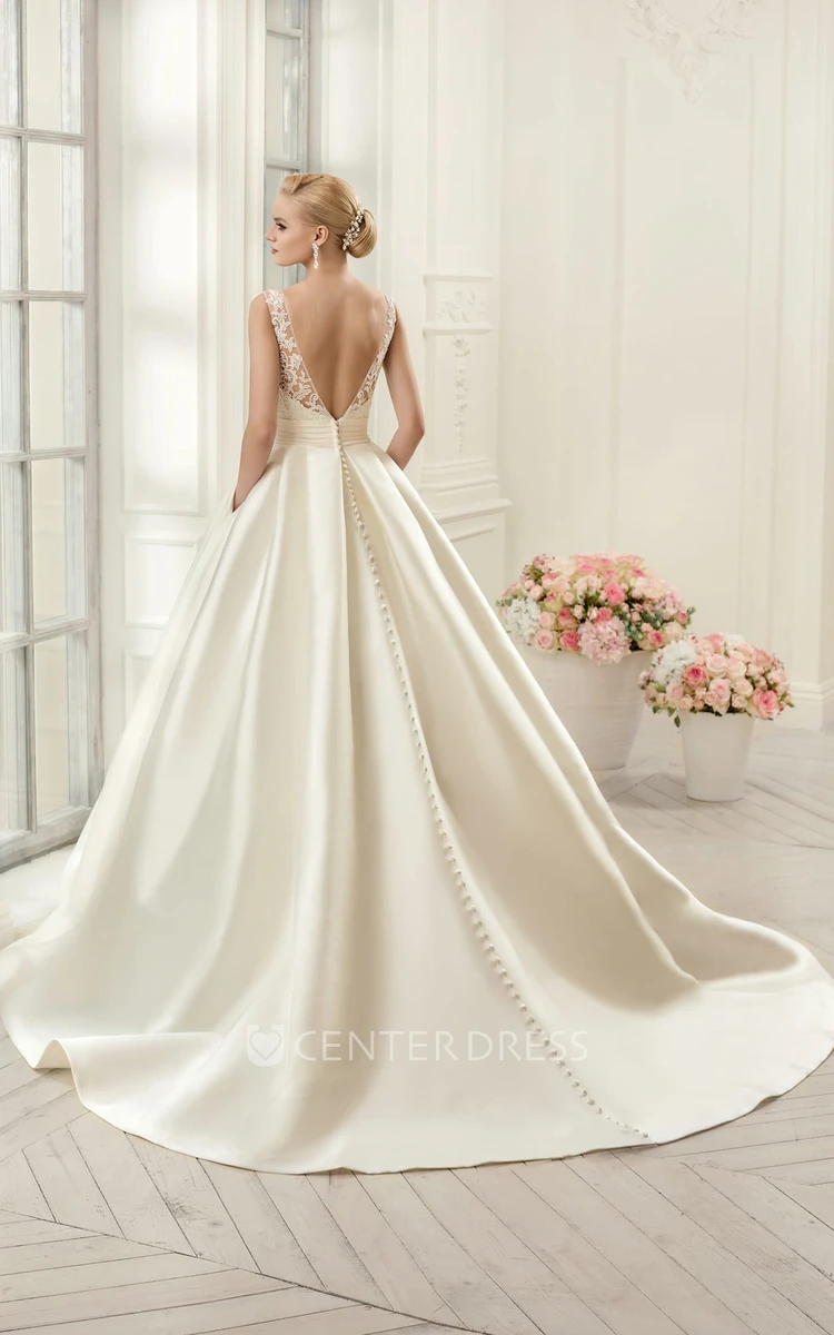 Ball Gown Long Scoop Sleeveless Deep-V-Back Satin Dress With Appliques