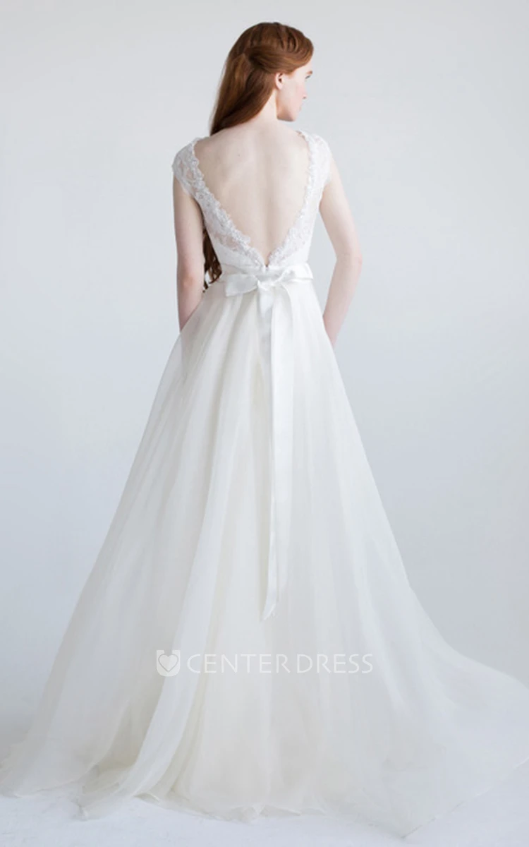 A-Line Bateau-Neck Cap-Sleeve Split-Front Floor-Length Tulle Wedding Dress With Appliques And Bow
