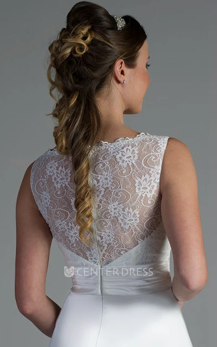 Bateau Neck Lace Top A-Line Satin Bridal Gown With Beading Sash