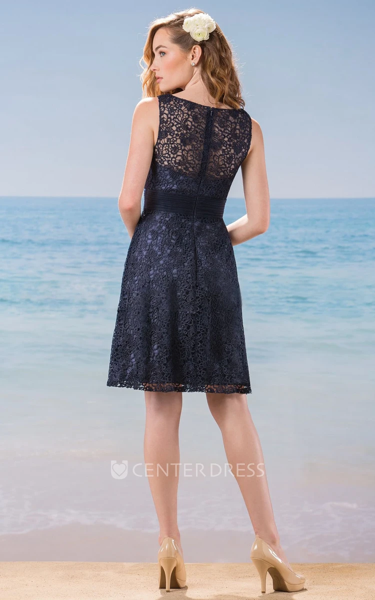 Sleeveless V-Neck Short A-Line Lace Bridesmaid Dress With Illusion Back