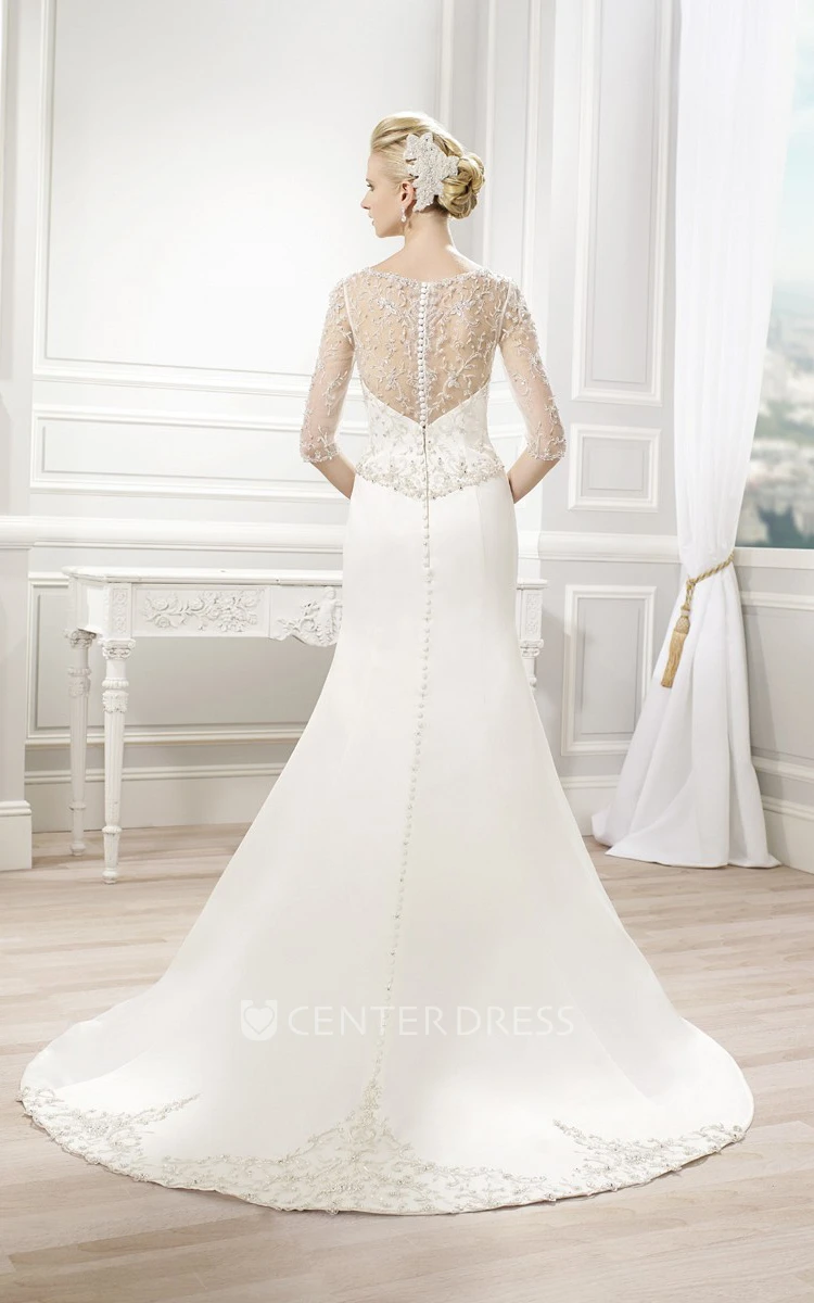 High Neck Long Beaded Chiffon Wedding Dress With Court Train And Illusion
