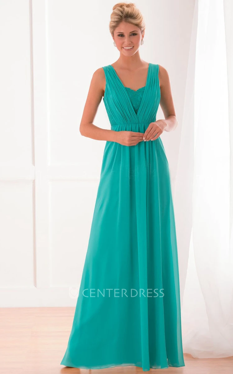 Sleeveless A-Line Bridesmaid Dress With Lace Detail And V-Back