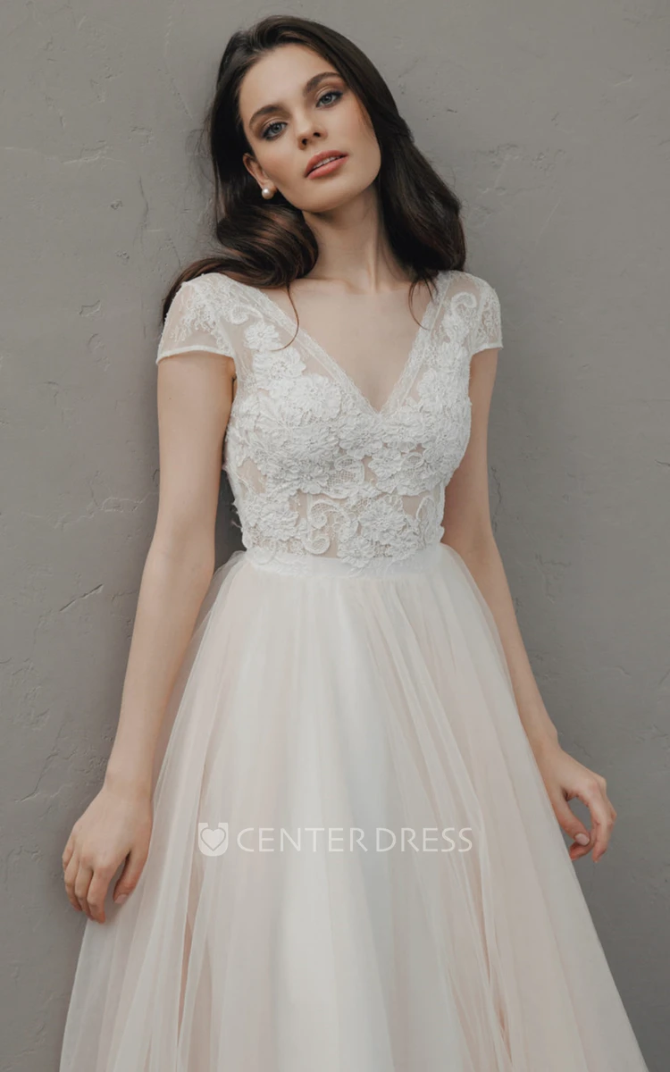 Bohemian V-neck A Line Lace and Tulle Wedding Dress with Ruching