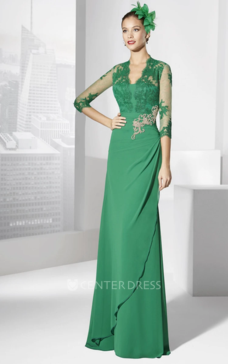 Sheath V-Neck Floor-Length Appliqued Half-Sleeve Jersey Prom Dress
