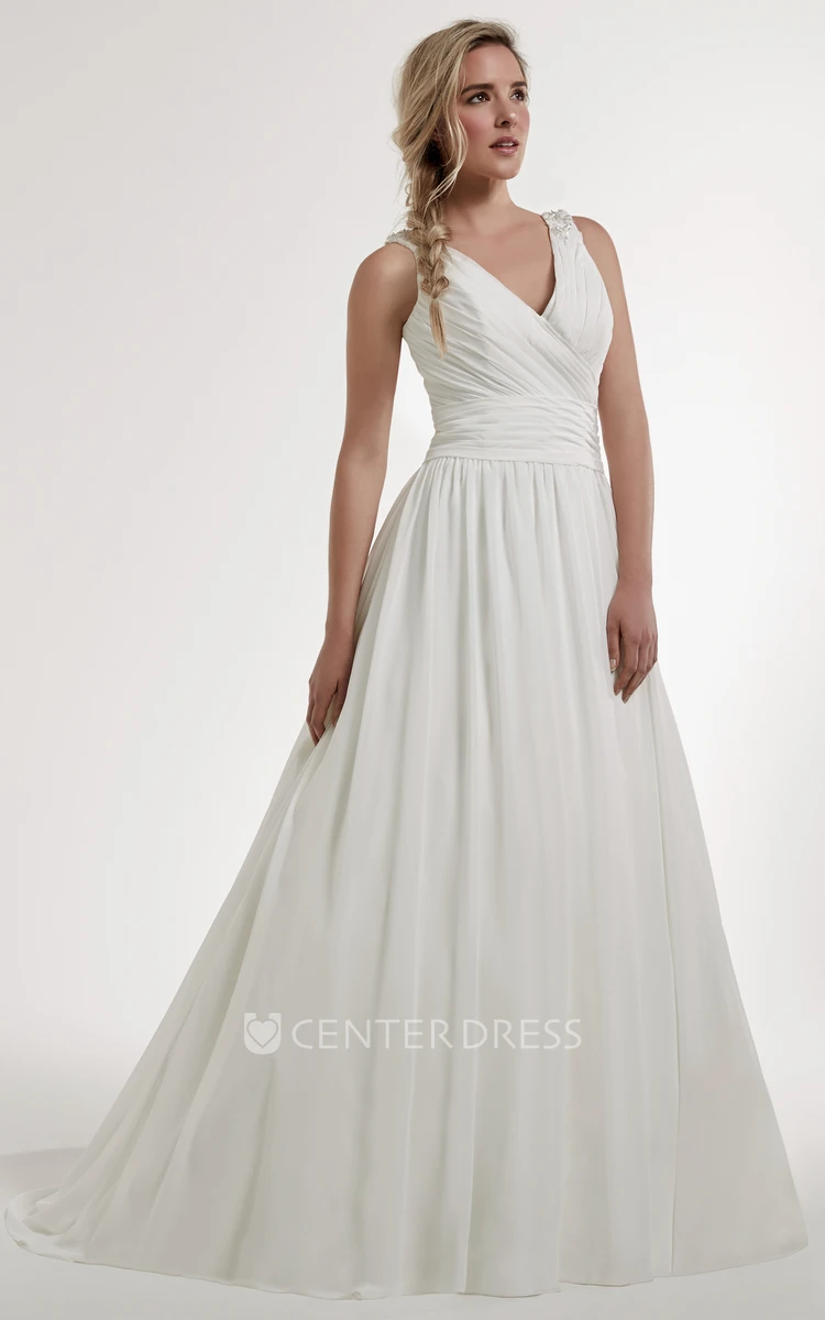 A-Line Sleeveless Ruched Long V-Neck Chiffon Wedding Dress With Illusion Back And Epaulet