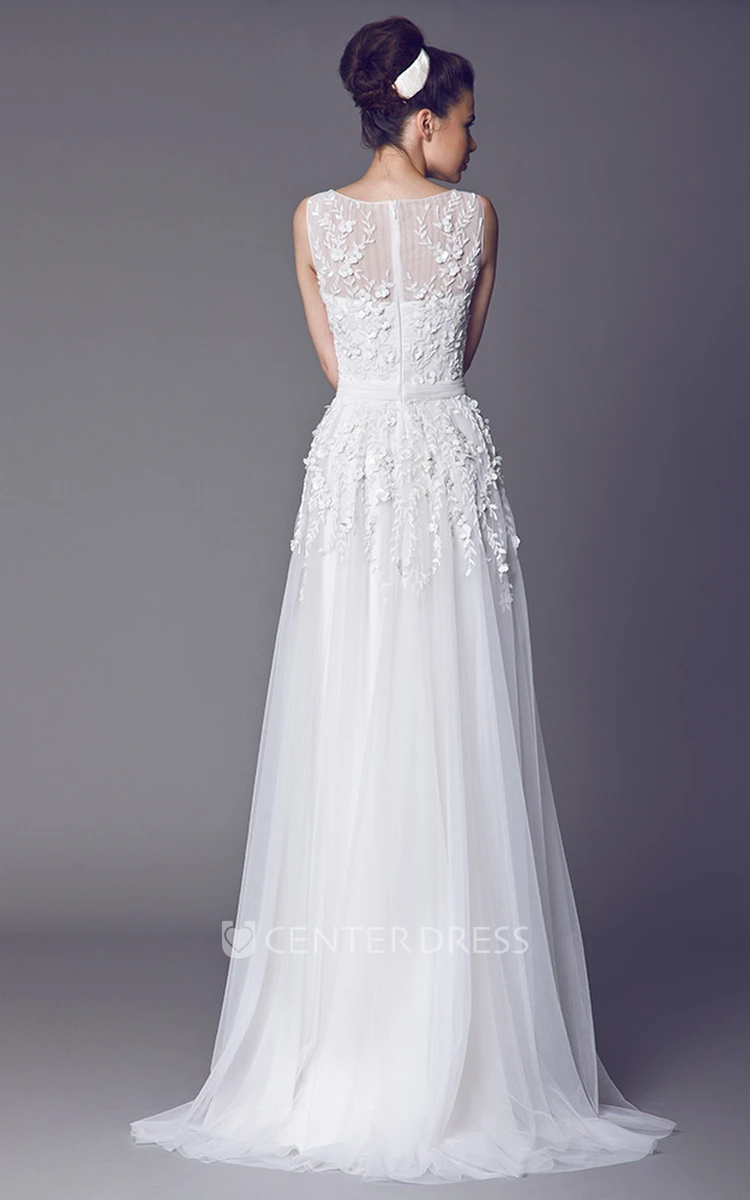 A-Line Long Sleeveless Appliqued Bateau Tulle Wedding Dress With Illusion Back And Pleats