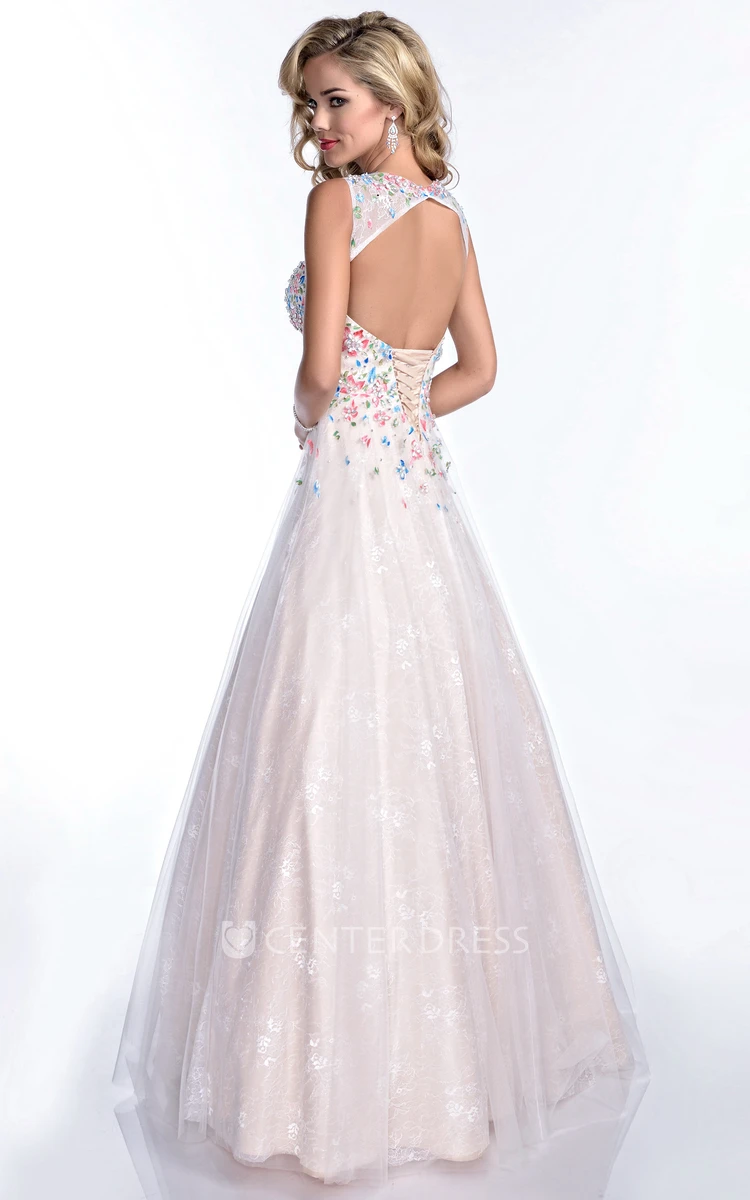 A-Line Sleeveless Bateau Neck Lace Prom Dress Featuring Keyhole Back And Jewels