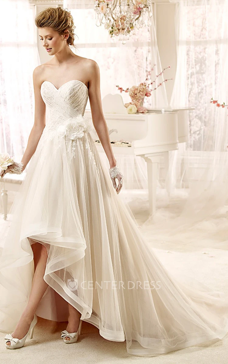 Sweetheart high-low Wedding Dress with Flower and Ruching Rim