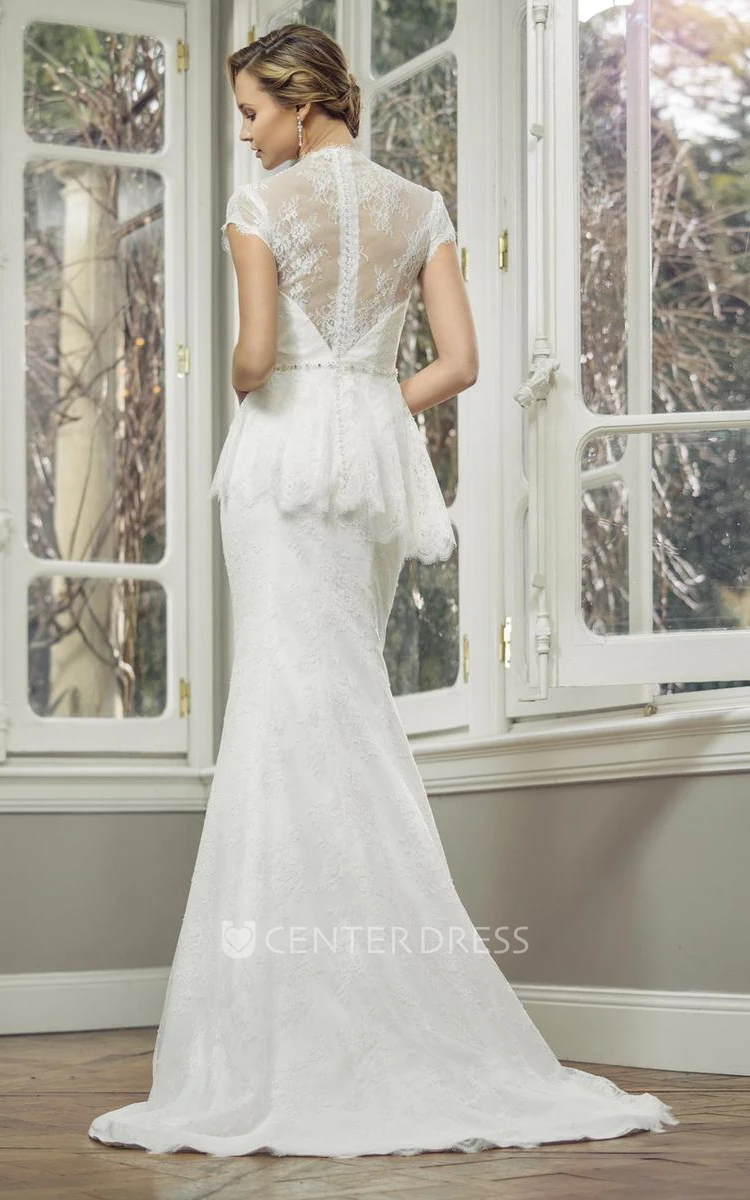 Sheath High Neck T-Shirt-Sleeve Jeweled Floor-Length Lace Wedding Dress With Peplum And Illusion