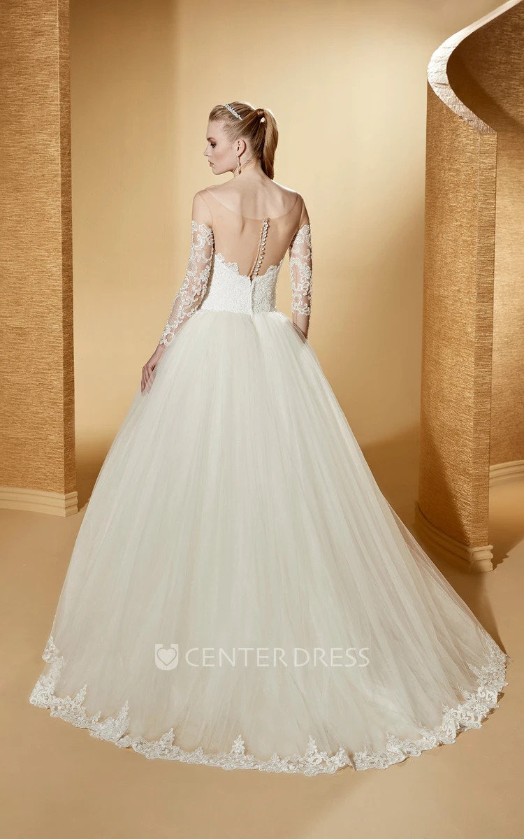 Lovely Long-Sleeve Ball Gown With Lace Appliques Bodice And Illusive Neckline