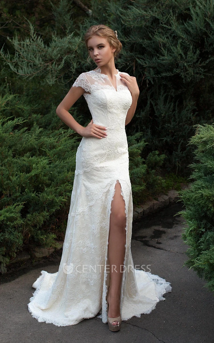 Sheath Floor-Length Jewel Cap-Sleeve Low-V-Back Lace Dress With Split Front And Tiers
