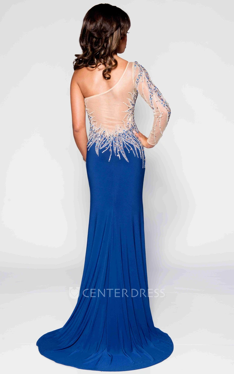 One-Shoulder Column Jersey Prom Dress With Sequined Bodice And Side Slit
