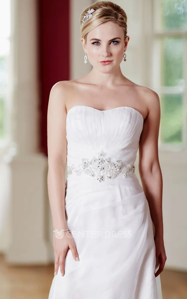 Sheath Jeweled Strapless Satin&Tulle Wedding Dress With Ruching And Lace Up