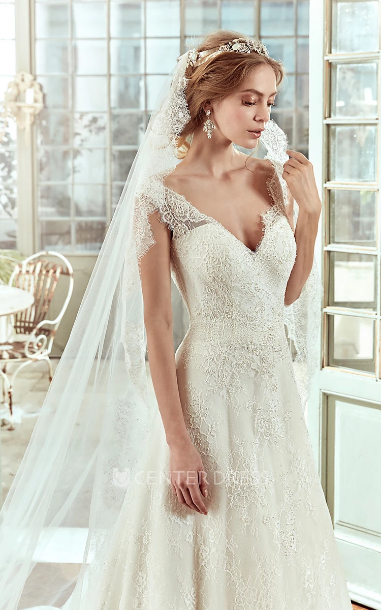 Sweetheart Cap-Sleeve Lace Wedding Dress With Brush Train And Low-V Back
