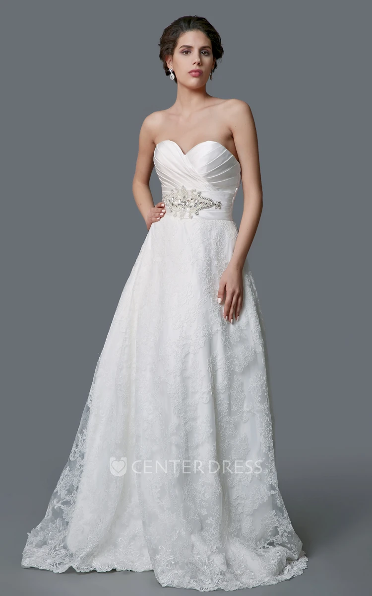 Sweetheart Ruched Satin and Lace A Line Wedding Dress With Belt
