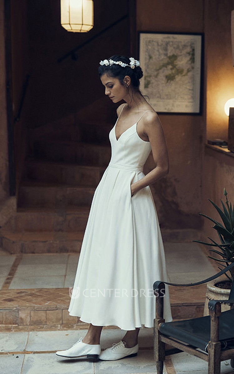 Chiffon spaghetti hotsell strap wedding dress