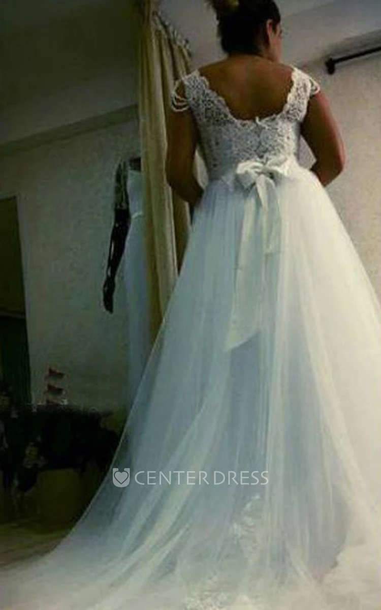 A Line Bateau Lace Tulle Zipper Wedding Dress
