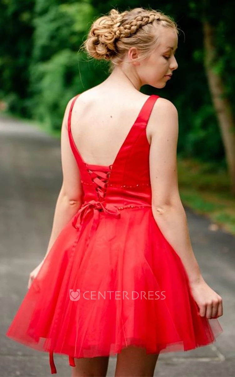 Simple Mini A-Line V-neck Satin Tulle Sleeveless Homecoming Dress