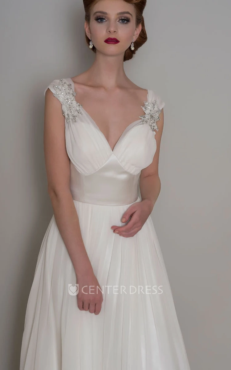Cap-Sleeve Beaded V-Neck Floor-Length Organza Wedding Dress With Pleats