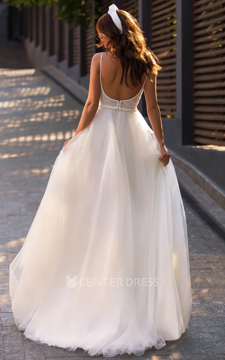 A-Line Halter Spaghetti Sexy Tulle Country Wedding Dress with Criss Cross