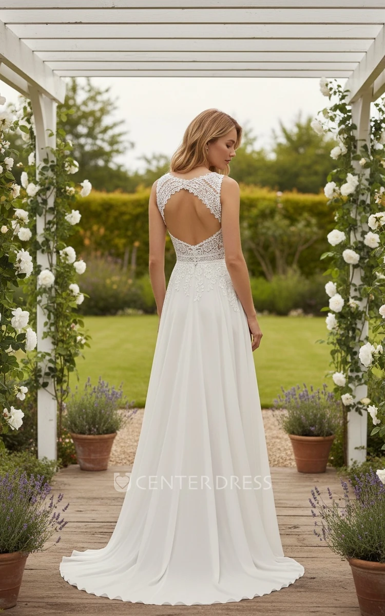 Boho Sleeveless Beach V-neck Flower Lace A-Line Floor-length Spring Wedding Dress with Keyhole Back