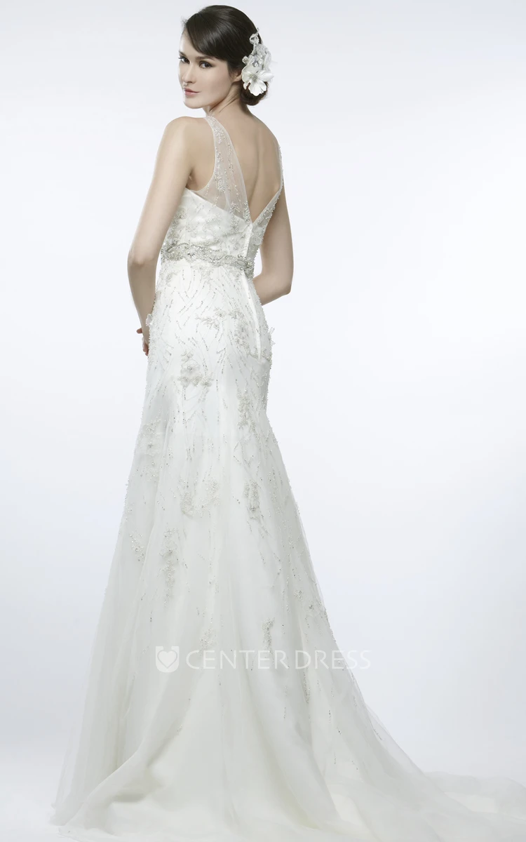 A-Line Beaded Sleeveless V-Neck Maxi Tulle Wedding Dress With Low-V Back And Waist Jewellery