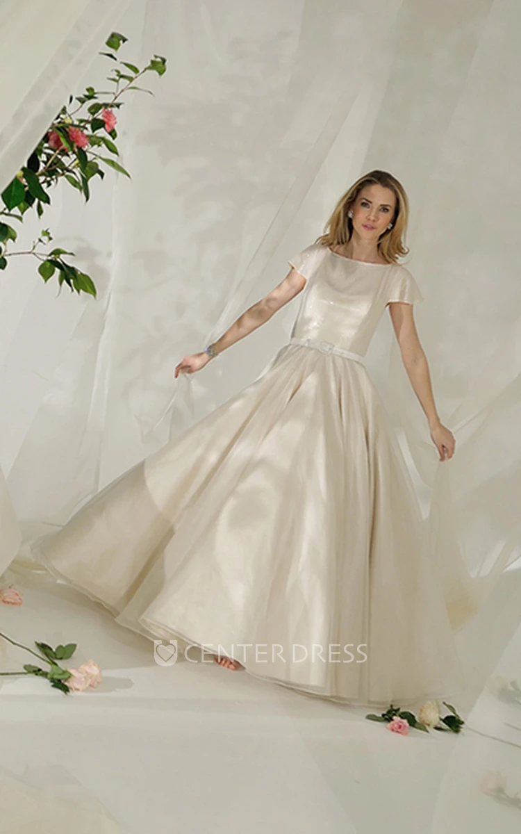 A-Line Poet-Sleeve Jewel-Neck Tulle&Satin Wedding Dress