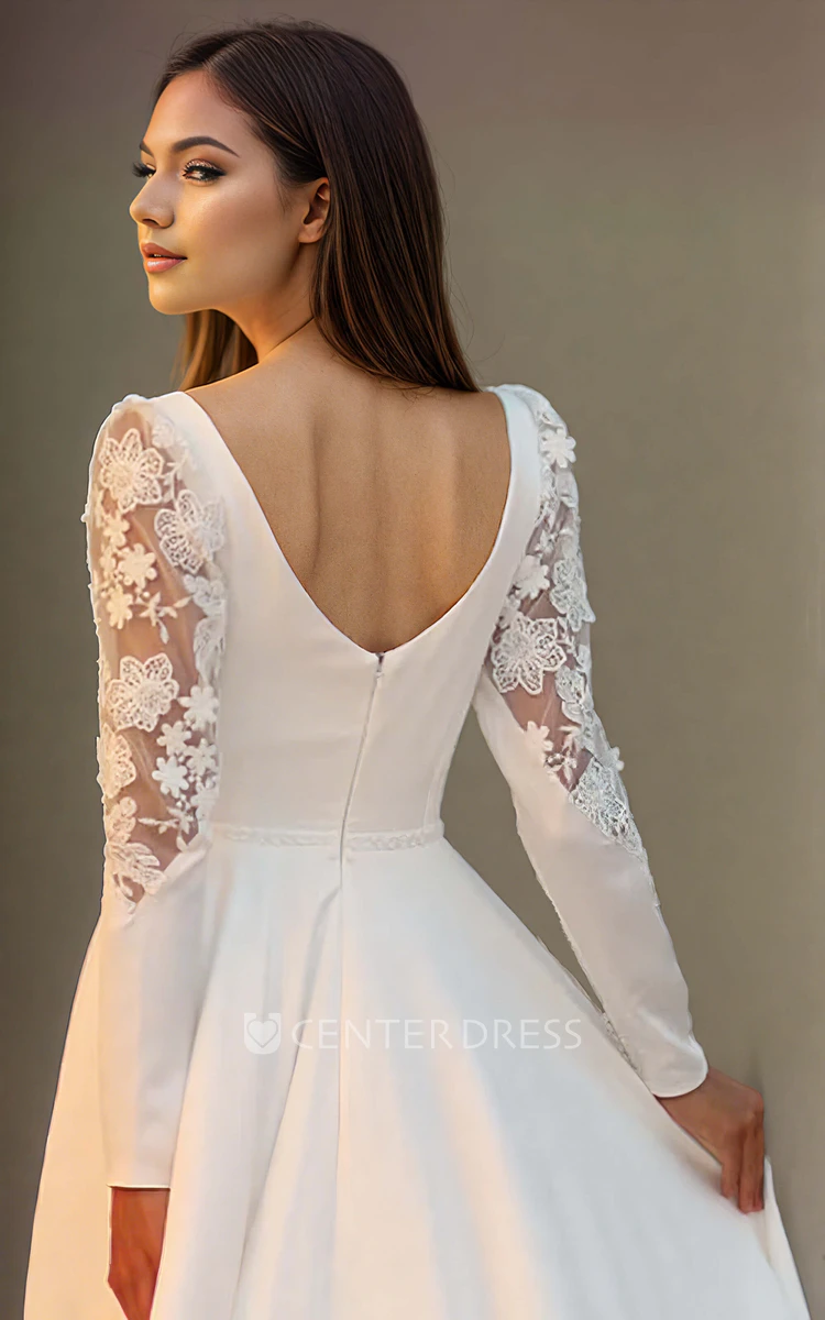 Ethereal Sexy Appliques A-Line V-neck Satin Wedding Dress Elegant Solid Flowers Long Sleeve Floor-length with Train Zipper V Back Bridal Gown