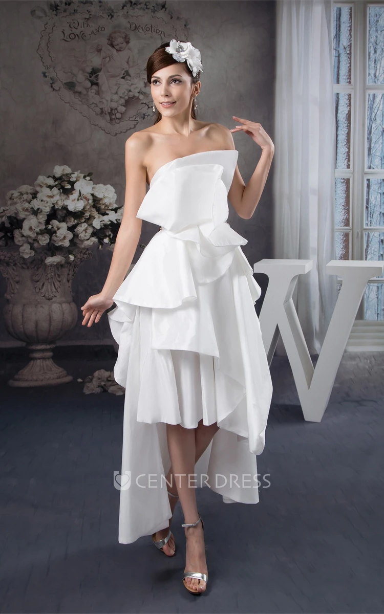 Modern Strapless High-Low Satin Prom Gown with Draped Design