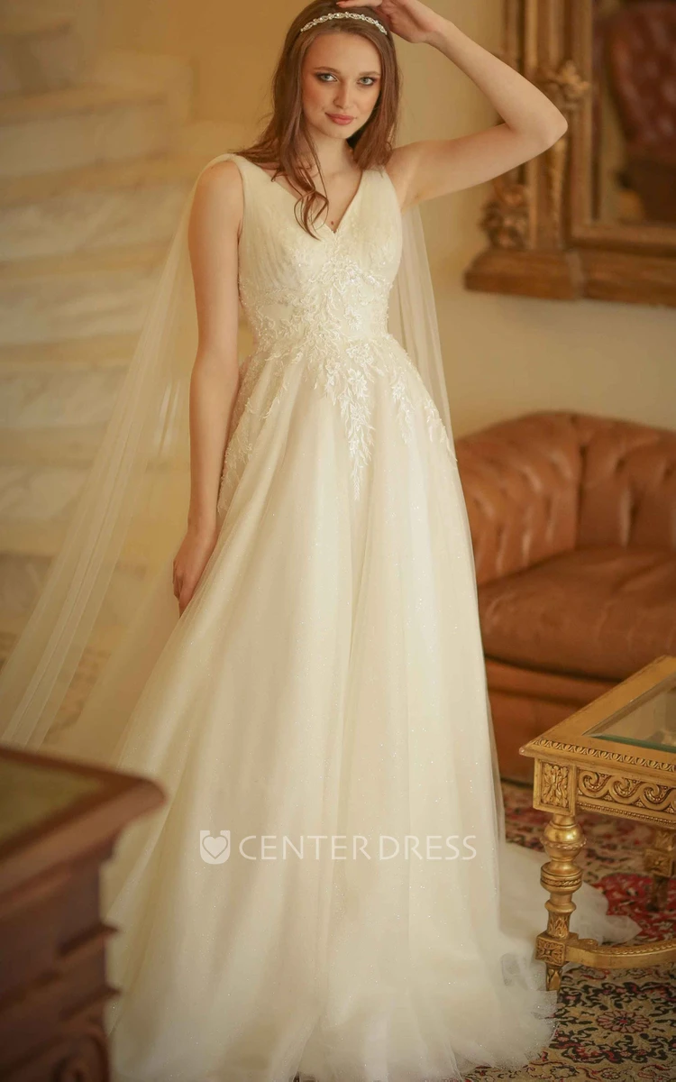Bohemian Lace Brush Train Sleeveless A Line V-neck Wedding Dress with Appliques