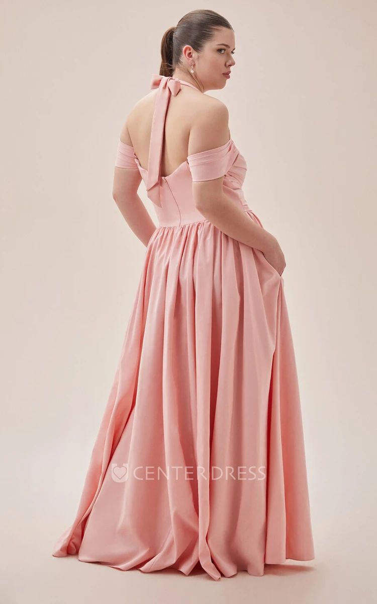 Elegant Off-the-shoulder A Line Floor-length Short Sleeve Taffeta Evening Dress with Pockets
