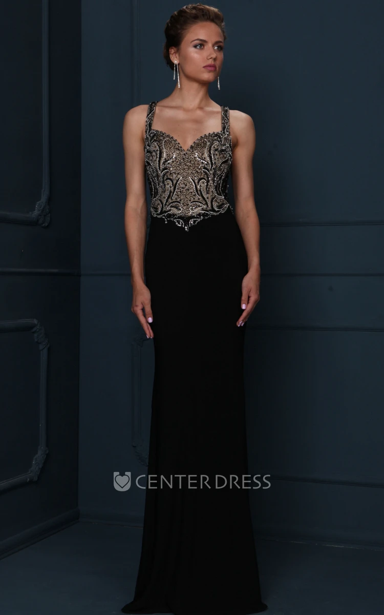 Long Beaded Jersey Evening Dress With Sweep Train And Straps