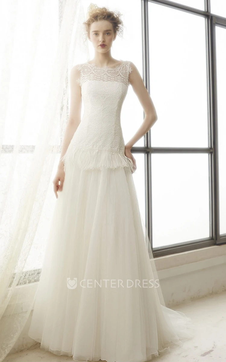 A-Line Peplum Maxi Sleeveless Bateau Tulle Wedding Dress With Illusion Back And Lace