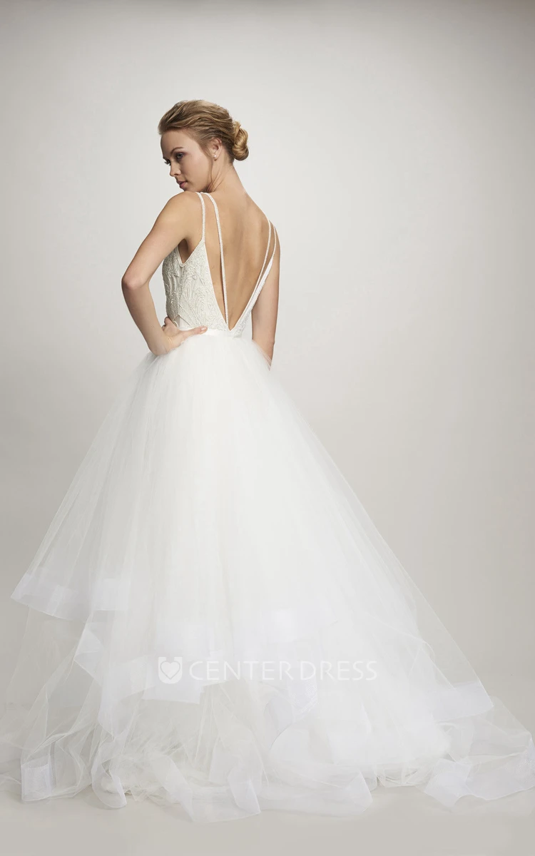 Ball-Gown Spaghetti Cascading-Ruffle Floor-Length Sleeveless Tulle Wedding Dress With Deep-V Back And Appliques